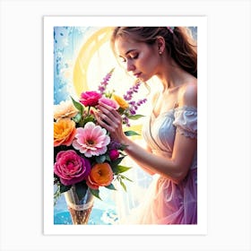 beautiful girl admiring a bouquet Art Print