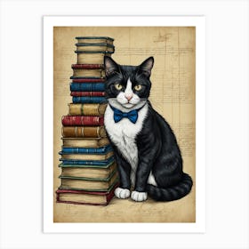 Cat With Books Art Print