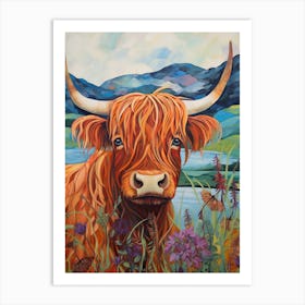 Illustration Of Highland Cow With Wildflowers 3 Art Print