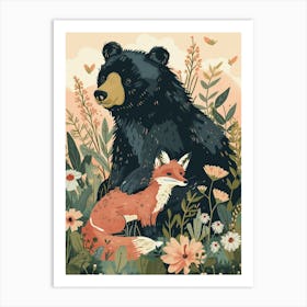 American Black Bear And A Fox Storybook Illustration 4 Art Print