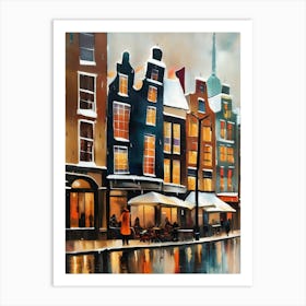 Amsterdam cafes, winter season, winter oil colors, pedestrians in the street, winter clothes, rain falling, Amsterdam print, Netherlands print, travel gift, Netherlands poster.96 Art Print