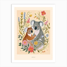 Folksy Floral Animal Drawing Koala 3 Poster Art Print