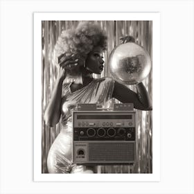 Black And White Woman With A Disco Ball And Boombox 2 Art Print