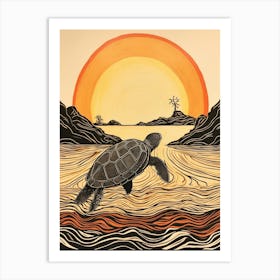 Delicate Line Drawing Of Sea Turtle And Sunset Warm Tones Art Print