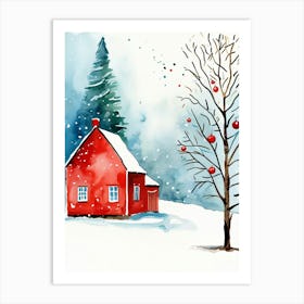 Red House In The Snow Art Print