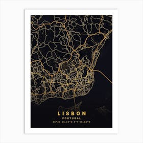 Lisbon Portugal Black And Gold Map Art Print