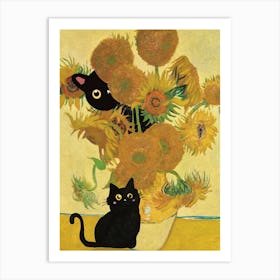 Cat And Sunflowers Art Print