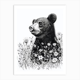 Malayan Sun Bear Cub In A Field Of Flowers Ink Illustration 3 Art Print