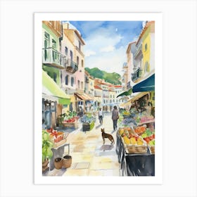 Food Market With Cats In Santander 4 Watercolour Art Print
