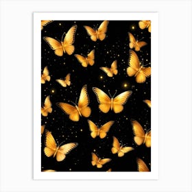 Golden Butterflies On Black Background 1 Art Print