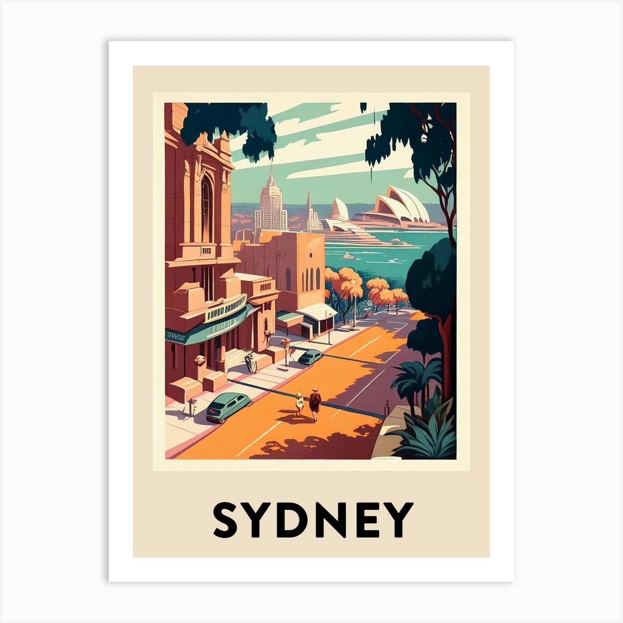 Sydney Vintage Travel Poster Art Print - 15x20cm Framed, White
