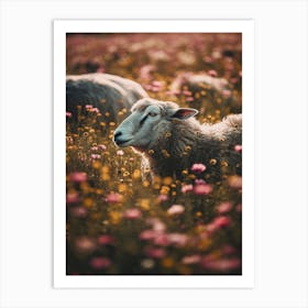 Sheeps In Flower Field Art Print