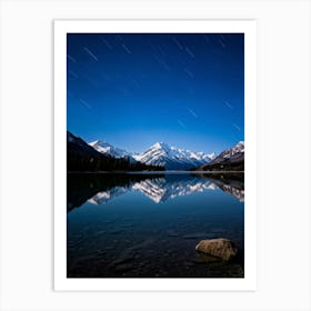 Starry Sky Mirrored On Tranquil Lake Surface Foreground Focus Snow Capped Mountains Rising Majesti Art Print