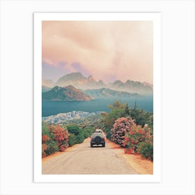 Jeep On The Road With Flowers And Seascape Art Print