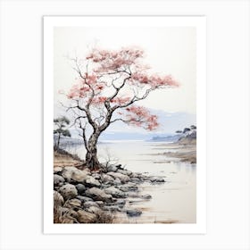 Lake Biwa In Shiga, Japanese Brush Painting, Ukiyo E, Minimal 2 Art Print