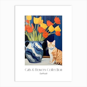 Cats & Flowers Collection Daffodil Flower Vase And A Cat, A Painting In The Style Of Matisse 0 Art Print