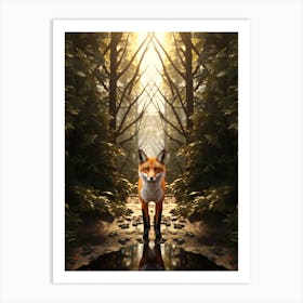 Fox Walking Through A Forest Realism Illustration 3 Art Print