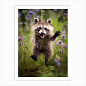 Cute Funny Barbados Raccoon Running On A Field Wild 3 Art Print