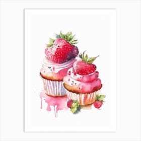 Strawberry Cupcakes, Dessert, Food Watercolour 2 Art Print