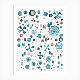 Teal Green and Orange Watercolor Wild Flowers Art Print