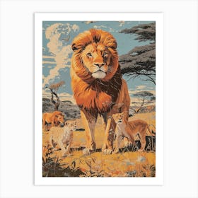 African Lion Relief Illustration Interaction 1 Art Print