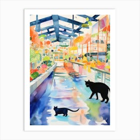 Food Market With Cats In Kyoto 3 Watercolour Art Print