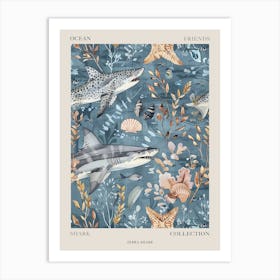 Pastel Blue Zebra Shark Watercolour Seascape Pattern 1 Poster Art Print