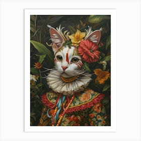 Cat In Medieval Floral Clothing Art Print