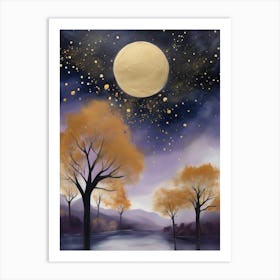 Cosmic Fall Night،
An ethereal boho painting that captures the beauty of a fall night sky. The background is a deep navy, speckled with tiny stars, while the foreground features silhouettes of autumn trees in shades of charcoal and dark olive. The moon is painted in a glowing silver, surrounded by soft wisps of mist in pale gold and lavender.
.10 Art Print