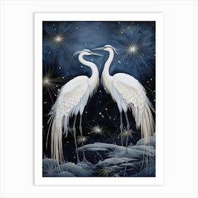 White Cranes At Night Art Print