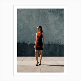 Woman In Red Dress Standing In Front Of Concrete Wall Art Print