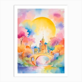 Watercolor Castle Over A River Art Print