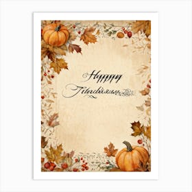 Autumn Themed Calligraphy The Text Delicately Forming The Words For Happy Thanksgiving An Homage (2) Art Print