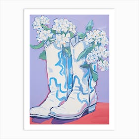 A Painting Of Cowboy Boots With White Flowers, Fauvist Style, Still Life 1 Art Print