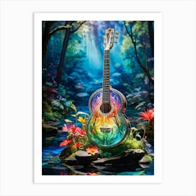 Banjo Sculpted From Crystal Clear Water Positioned At The Heart Of An Enchanted Forest Surrounded (1) Art Print