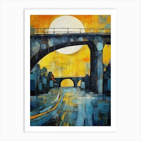 Blue Bridge with Sun V, Modern Vibrant Colorful Painting in Oil Style Art Print