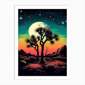 Joshua Tree With Starry Sky At Night In Retro Illustration Style (1) Art Print