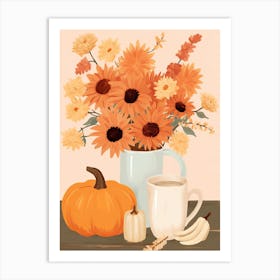 Pitcher With Sunflowers, Atumn Fall Daisies And Pumpkin Latte Cute Illustration 1 Art Print
