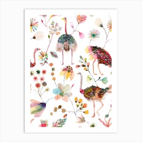 Ostriches And Floral Art Print