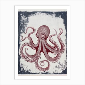 Octopus Linocut Style With Aqua Marine Plants 8 Art Print