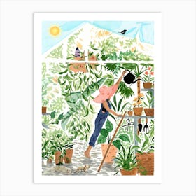 Gardener In Greenhouse Art Print