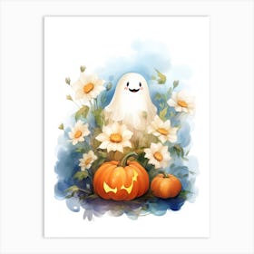 Cute Ghost With Pumpkins Halloween Watercolour 21 Art Print