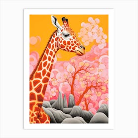 Giraffe With Trees In The Background Pink & Mustard 5 Art Print