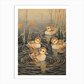 Ducklings Swimming In The Water Japanese Woodblock Style 3 Art Print