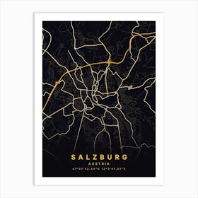 Salzburg Austria Black And Gold Map Art Print