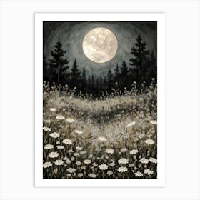 Full Moon Amongst Wildflowers | Witchy Magical Print | Neutral Tones Country Art Pagan Scenery for Feature Wall Decor Meadow Painting in HD Art Print