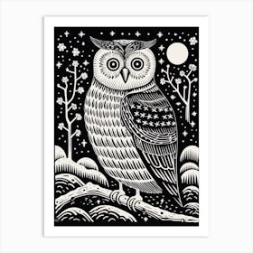 B&W Bird Linocut Snowy Owl 1 Art Print