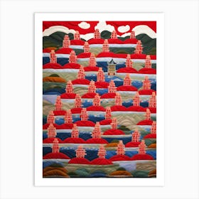 Asian Village, Japanese Quilting Inspired Art, 1504 Art Print