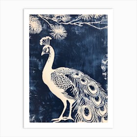 Navy & Cream Linocut Inspired Peacock In The Plants 5 Art Print