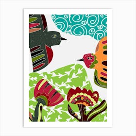 stylized birds and flowers folk art motifs Art Print